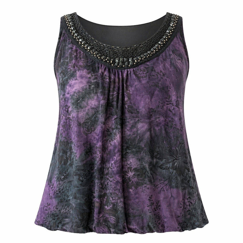 Dressbarn Women's 1X Purple Black Floral Beaded Neck Sleeveless Bubble Hem Top